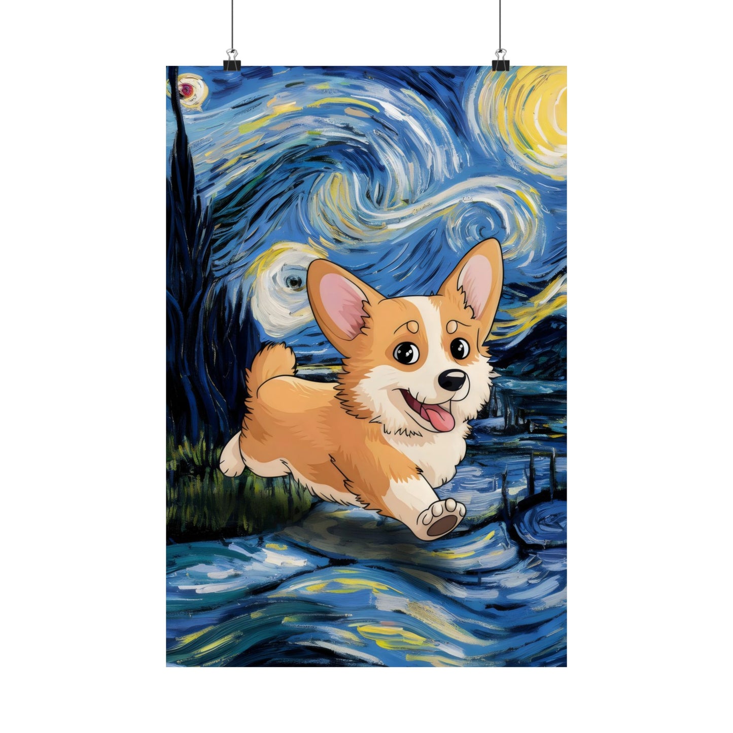 Cute Corgi Van Gogh Starry Night Matte Vertical Posters