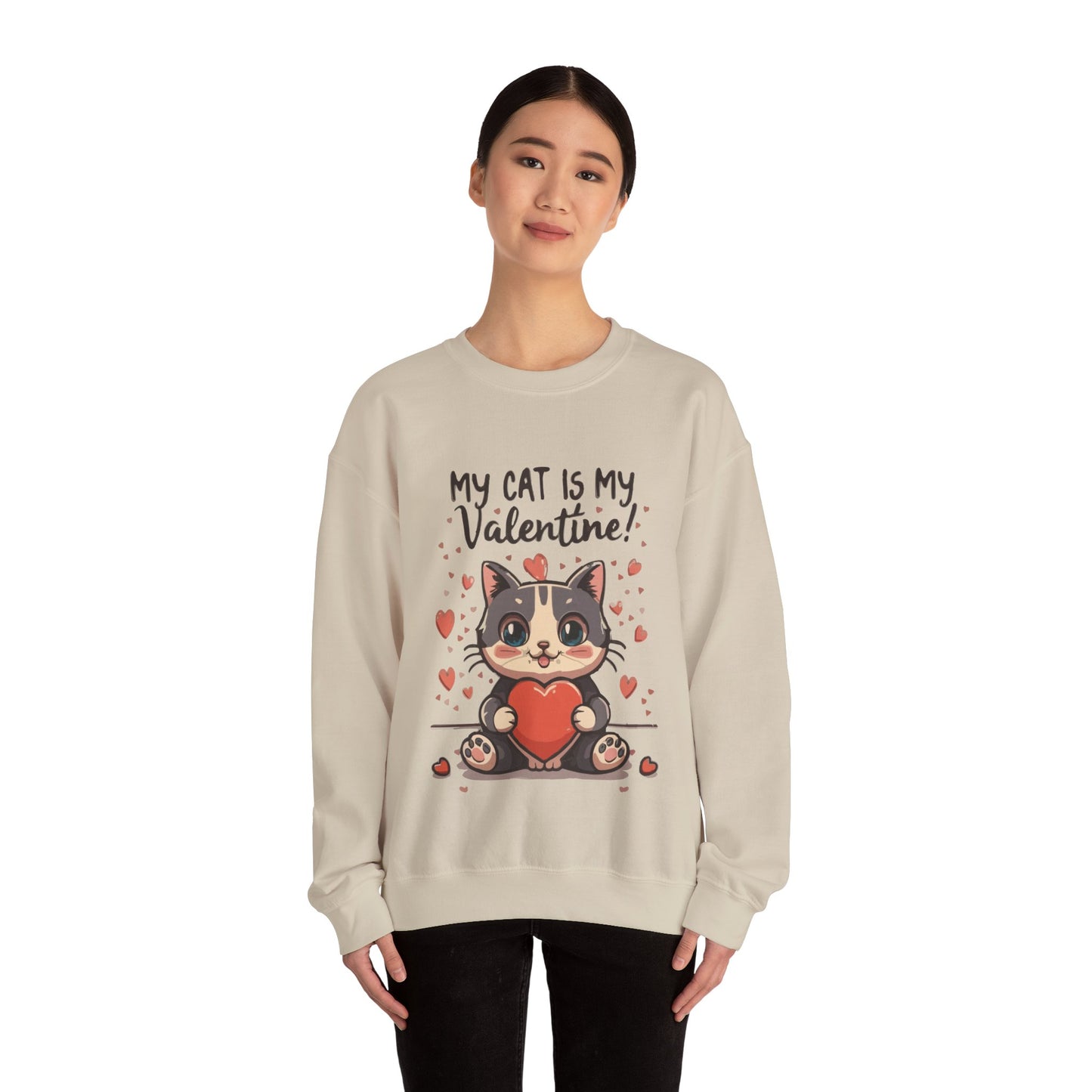 Cute Funny Cat Cartoon My Cat is My Valentine Meme Crewneck Sweatshirt