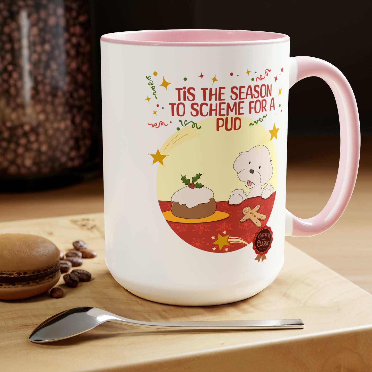 Cheeky Bichon Tis the Season to Scheme for a Pud Two-Tone Coffee Mugs, 15oz