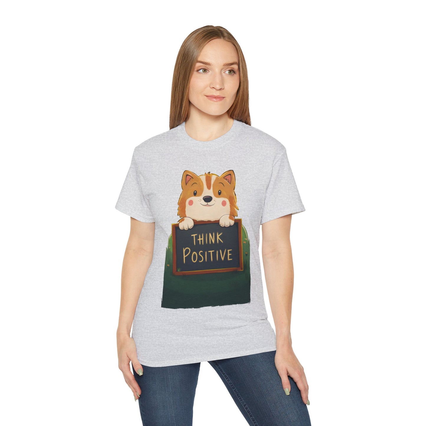 Cute Dog Cartoon Organic T-Shirt - Think Positive Quote