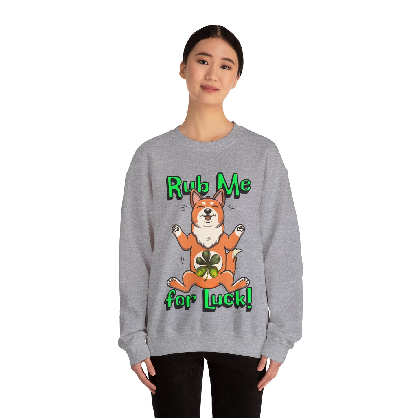 Cute Dog Cartoon St Patrick's Day Rub Me for Luck Crewneck Sweatshirt