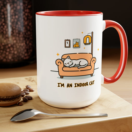 Cute Funny I'm an Indoor Cat Meme Cartoon Two-Tone Coffee Mugs, 15oz