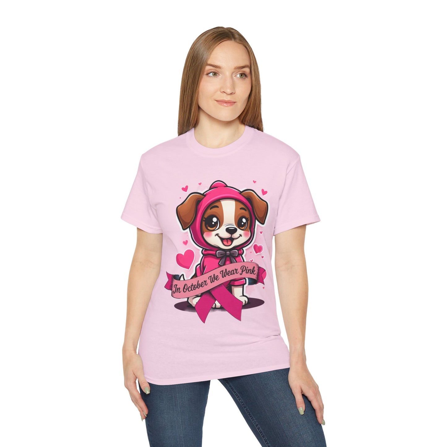 Cute Dog Cartoon In October We Wear Pink Unisex Organic T-Shirt