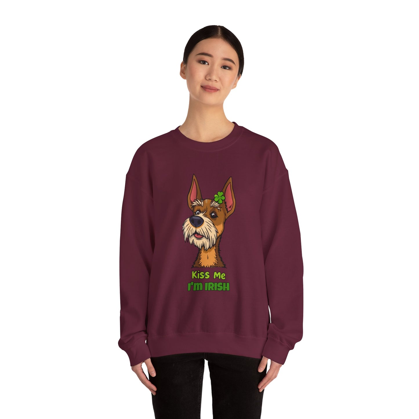 Cute Dog Cartoon Irish Terrier Kiss Me I'm Irish Meme Crewneck Sweatshirt