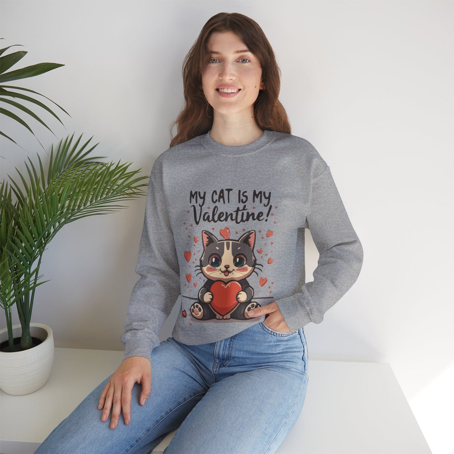 Cute Funny Cat Cartoon My Cat is My Valentine Meme Crewneck Sweatshirt