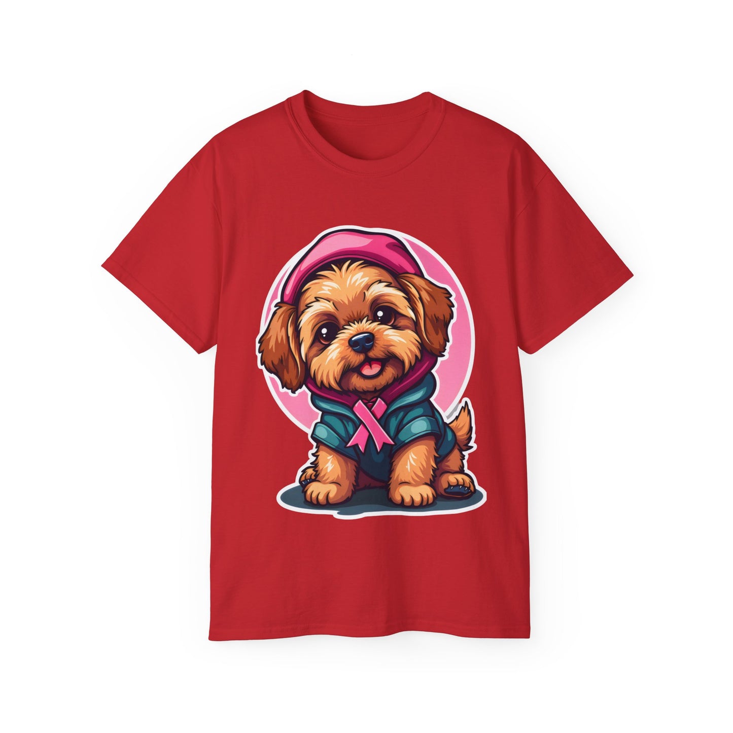 Poodle Dog Cartoon Pink Ribbon Breast Cancer Awareness Unisex Organic T-Shirt