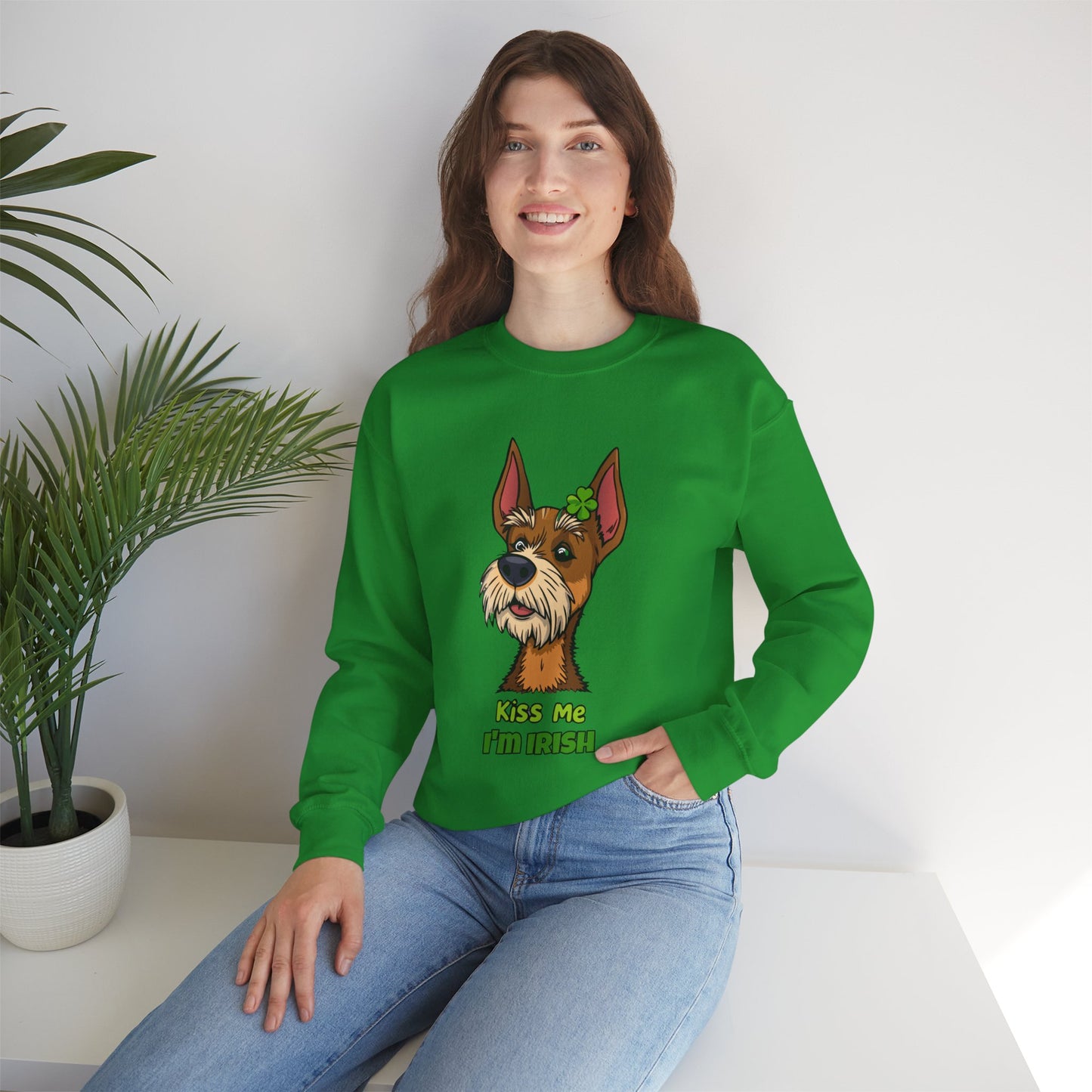 Cute Dog Cartoon Irish Terrier Kiss Me I'm Irish Meme Crewneck Sweatshirt