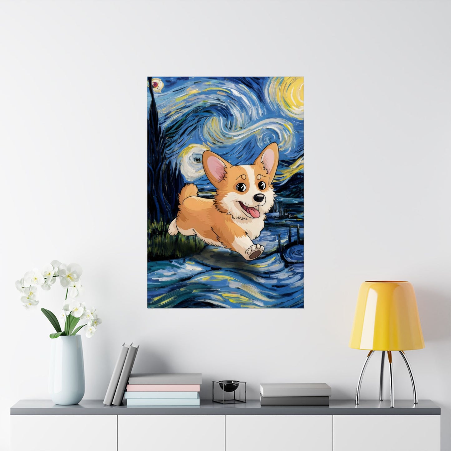 Cute Corgi Van Gogh Starry Night Matte Vertical Posters