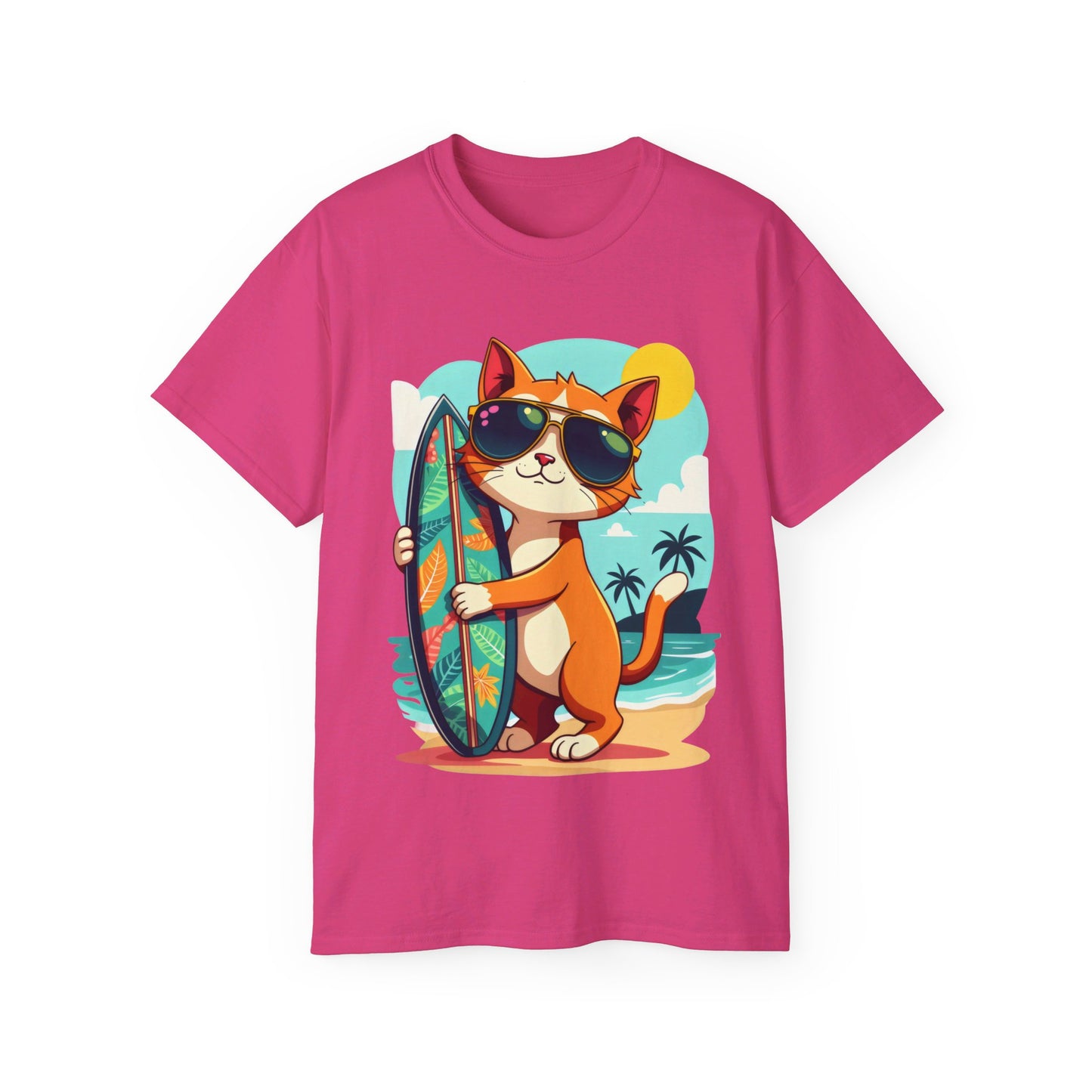 Cute Cat at the Beach Cartoon Unisex Organic T-Shirt