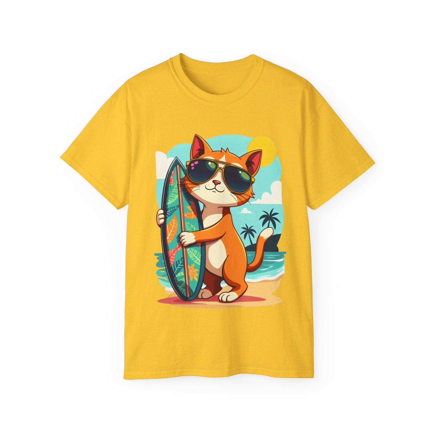 Cute Cat at the Beach Cartoon Unisex Organic T-Shirt