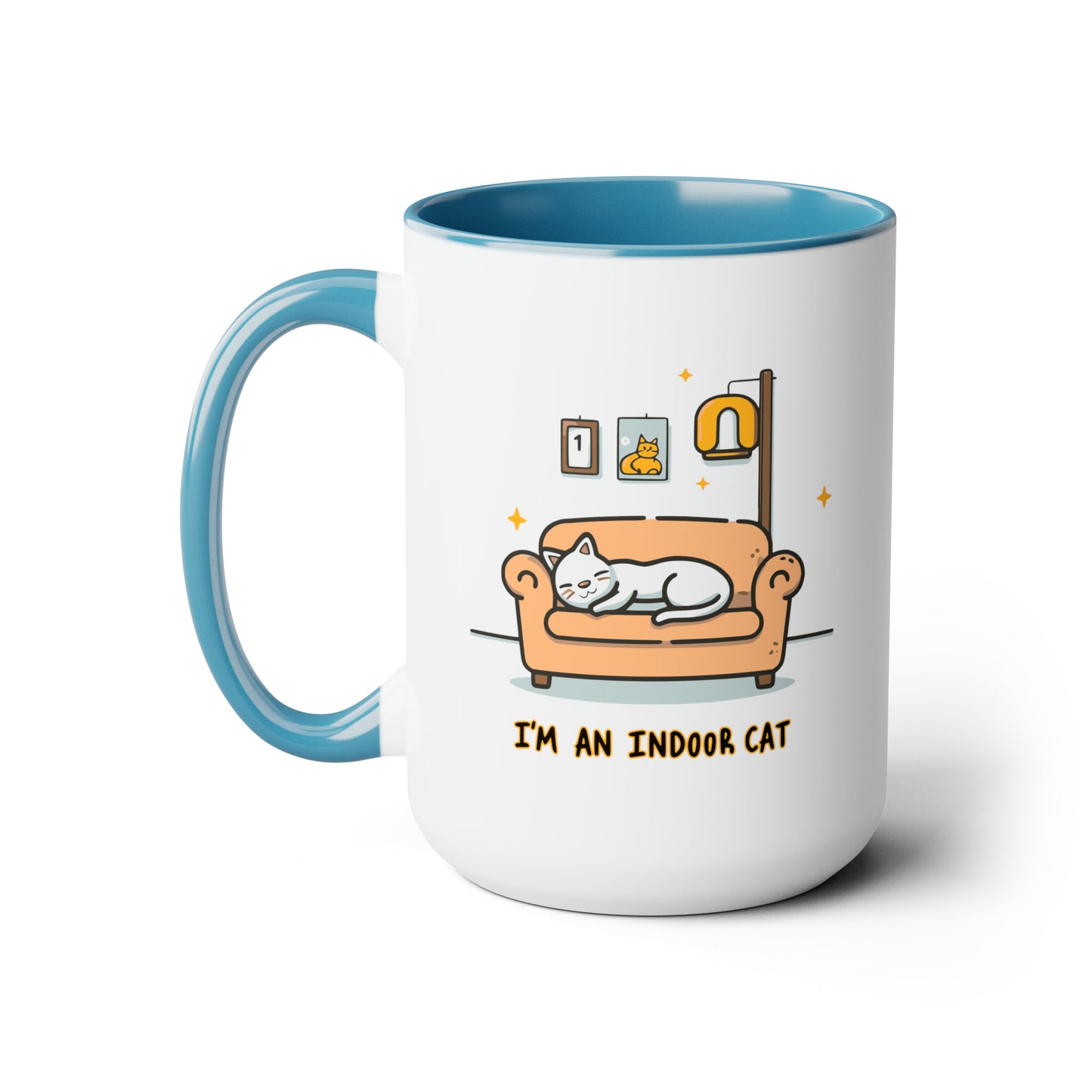 Cute Funny I'm an Indoor Cat Meme Cartoon Two-Tone Coffee Mugs, 15oz