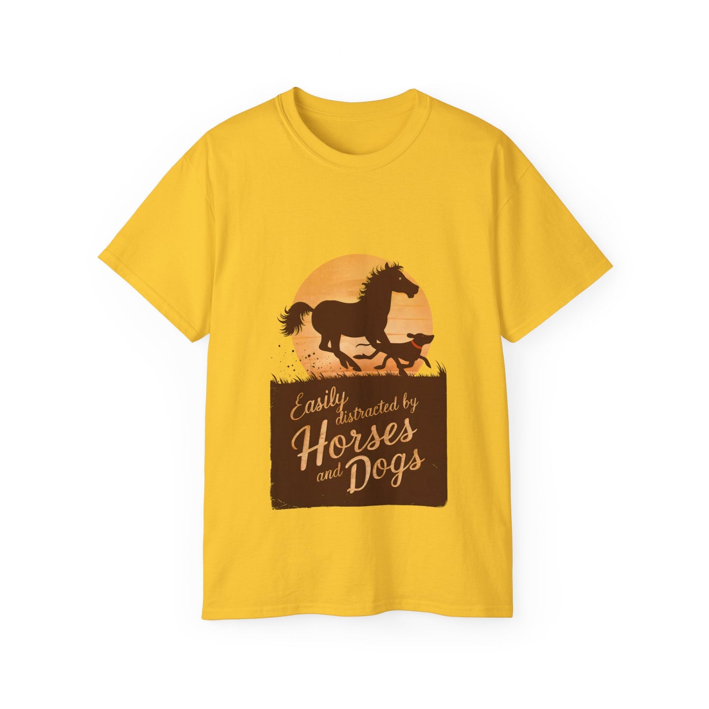 Cute Illustration Easily Distracted by Horses and Dogs Unisex Organic T-Shirt