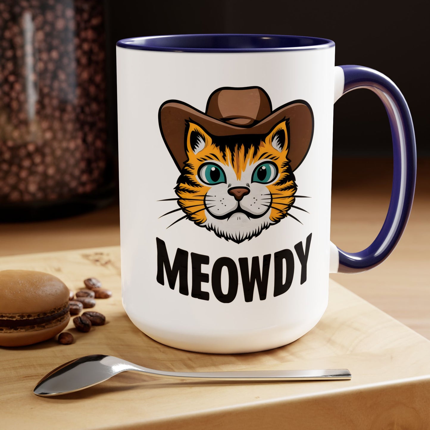 Cute Funny Cat Cartoon Meowdy Meme Two-Tone Coffee Mugs, 15oz