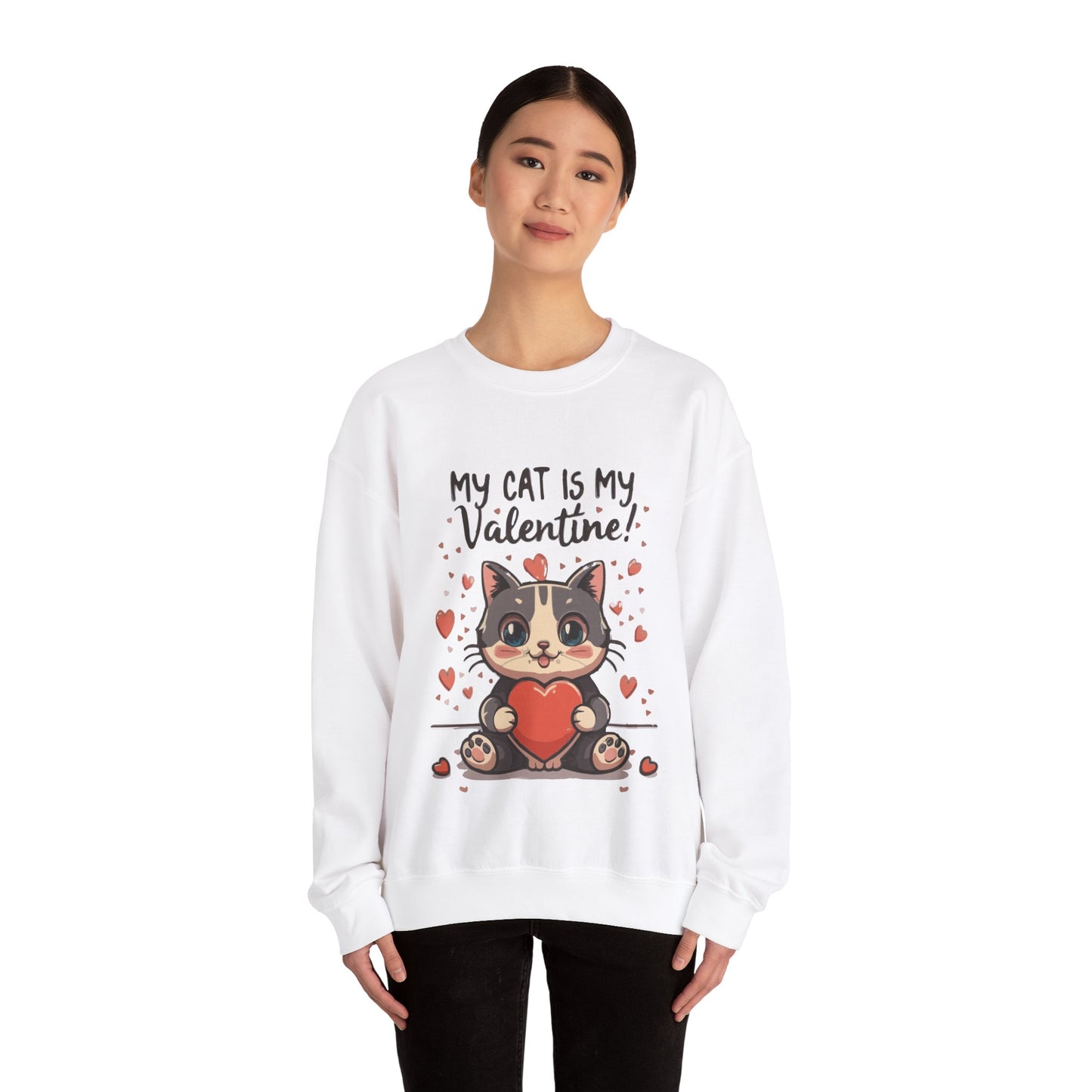 Cute Funny Cat Cartoon My Cat is My Valentine Meme Crewneck Sweatshirt