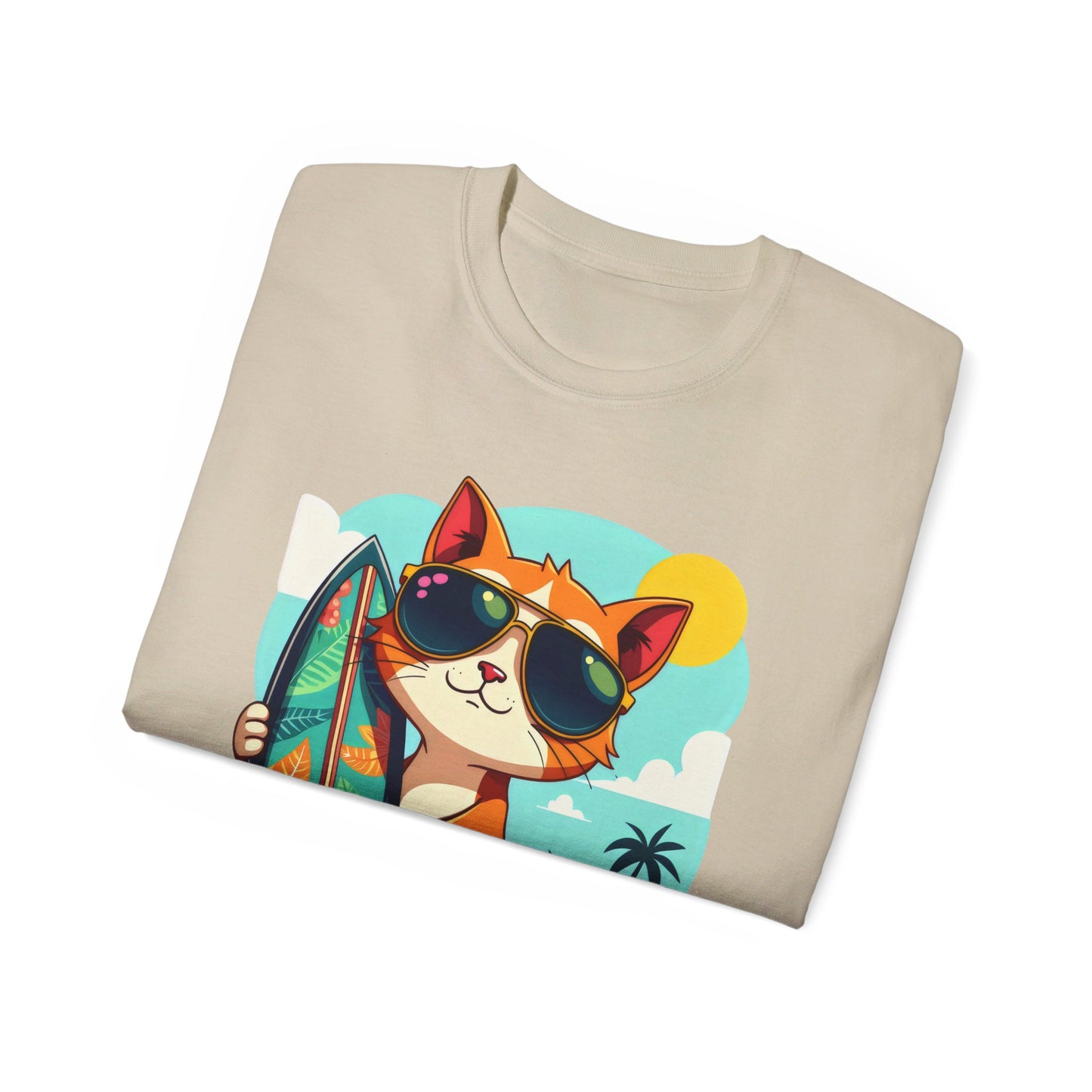 Cute Cat at the Beach Cartoon Unisex Organic T-Shirt