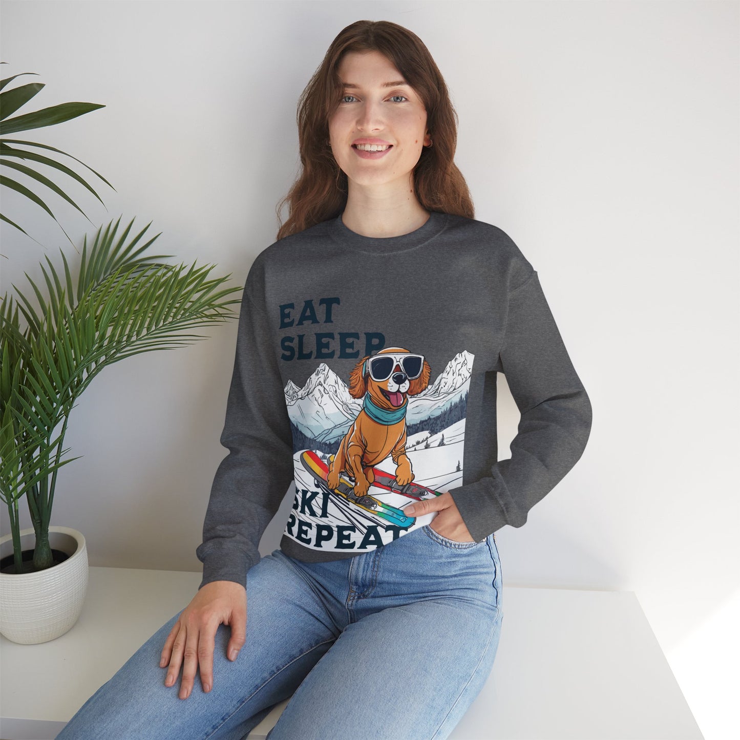 Cute Dog Cartoon Ski Lover Meme Crewneck Sweatshirt