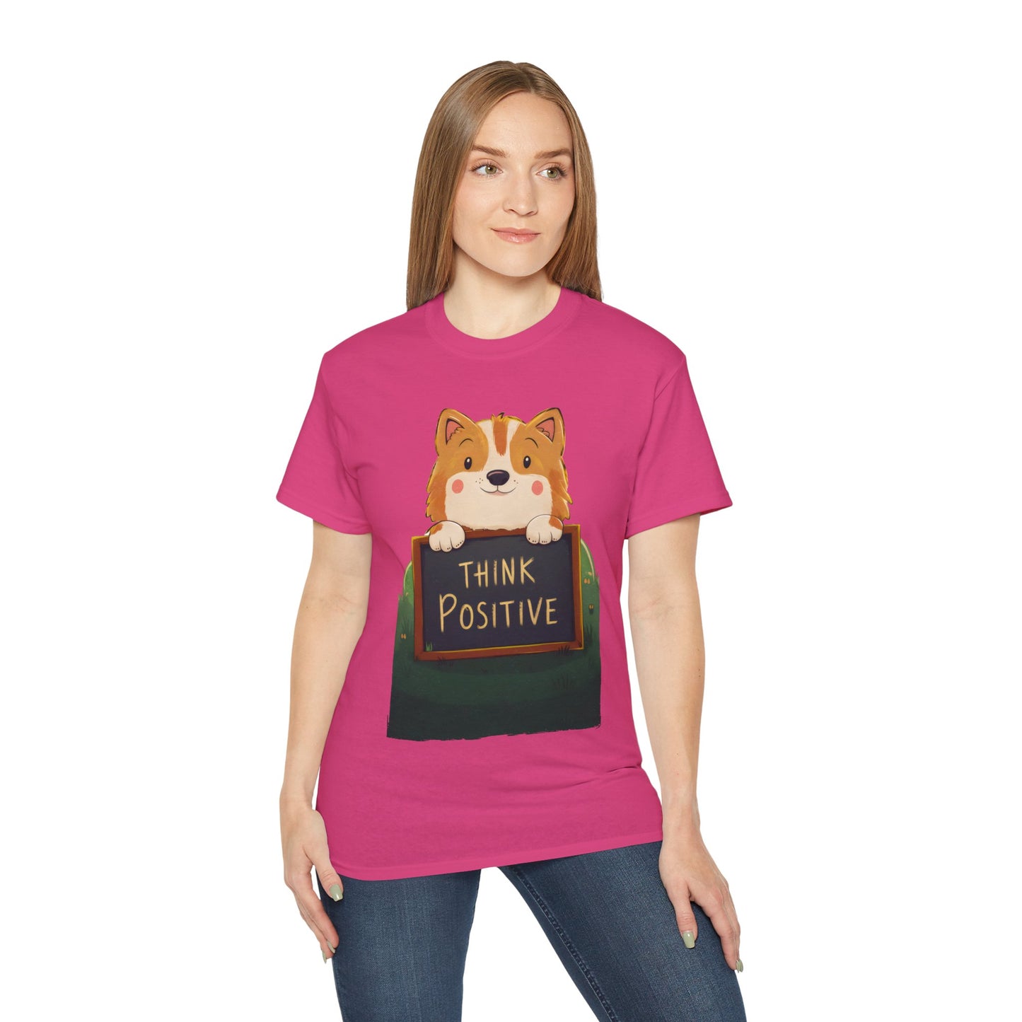 Cute Dog Cartoon Organic T-Shirt - Think Positive Quote