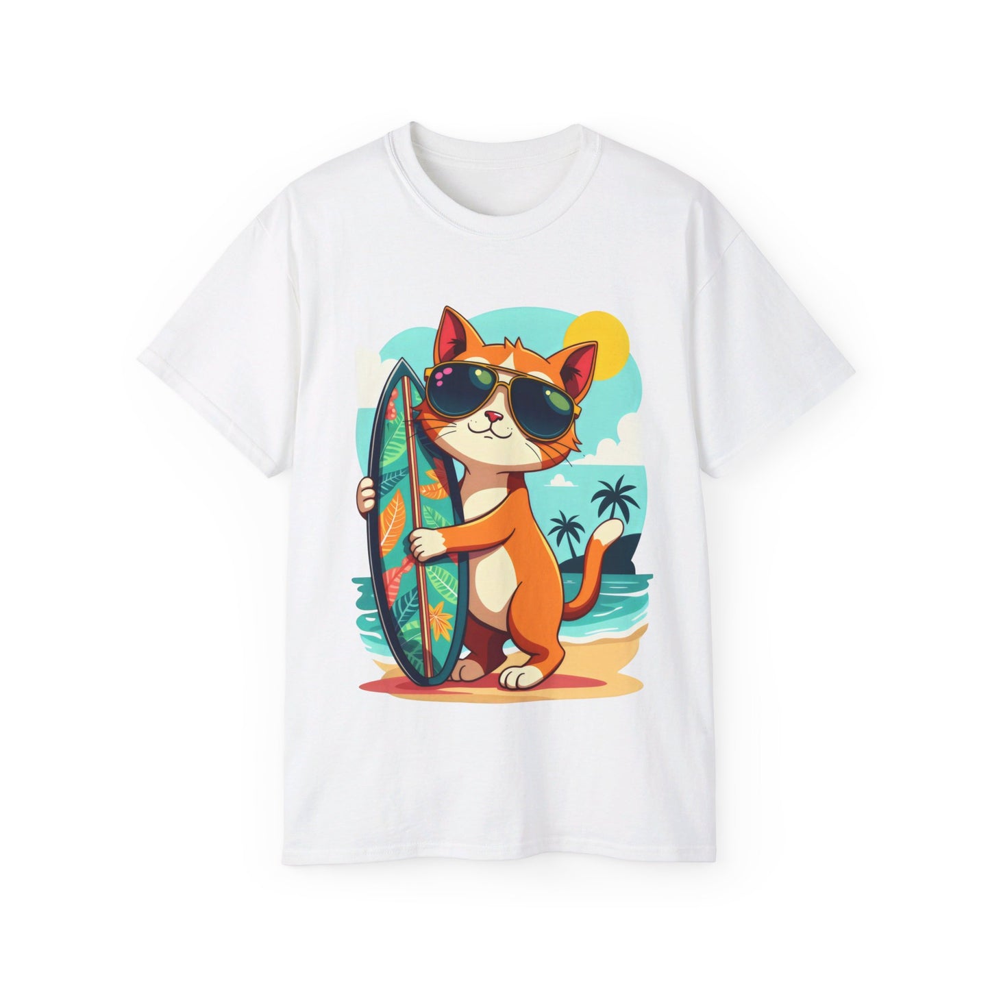 Cute Cat at the Beach Cartoon Unisex Organic T-Shirt