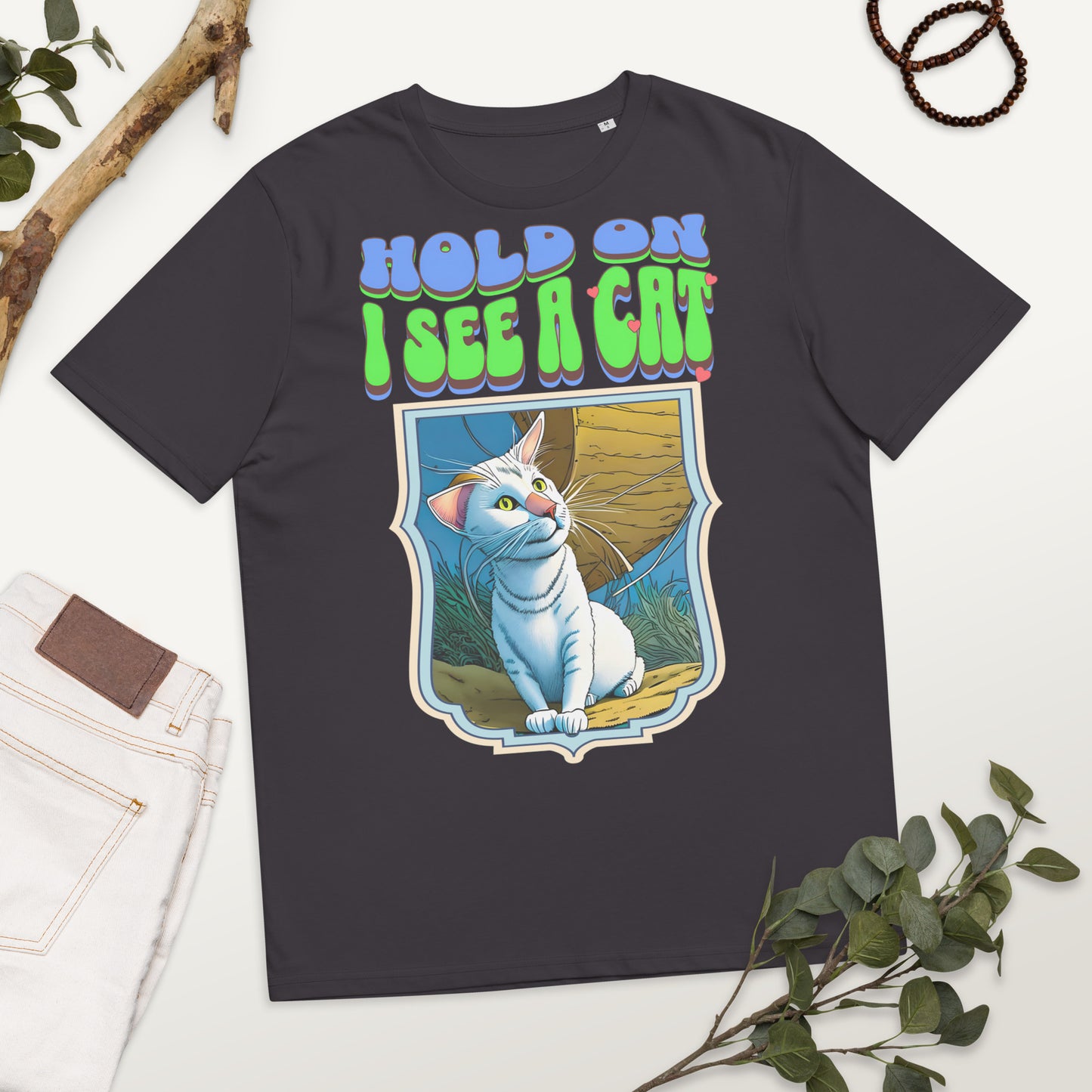 Cute Vintage Hold on I See a Cat Unisex organic cotton t-shirt