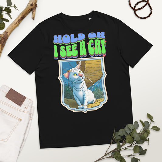 Cute Vintage Hold on I See a Cat Unisex organic cotton t-shirt