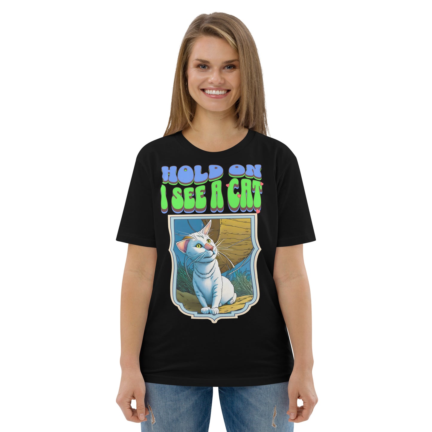 Cute Vintage Hold on I See a Cat Unisex organic cotton t-shirt