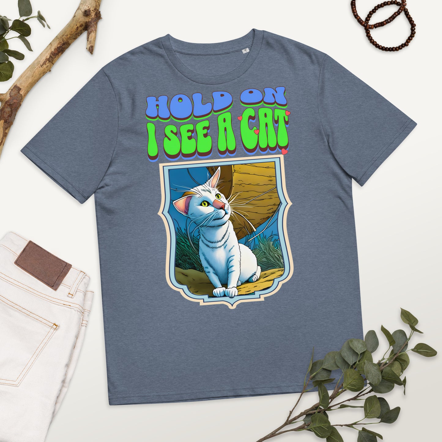 Cute Vintage Hold on I See a Cat Unisex organic cotton t-shirt