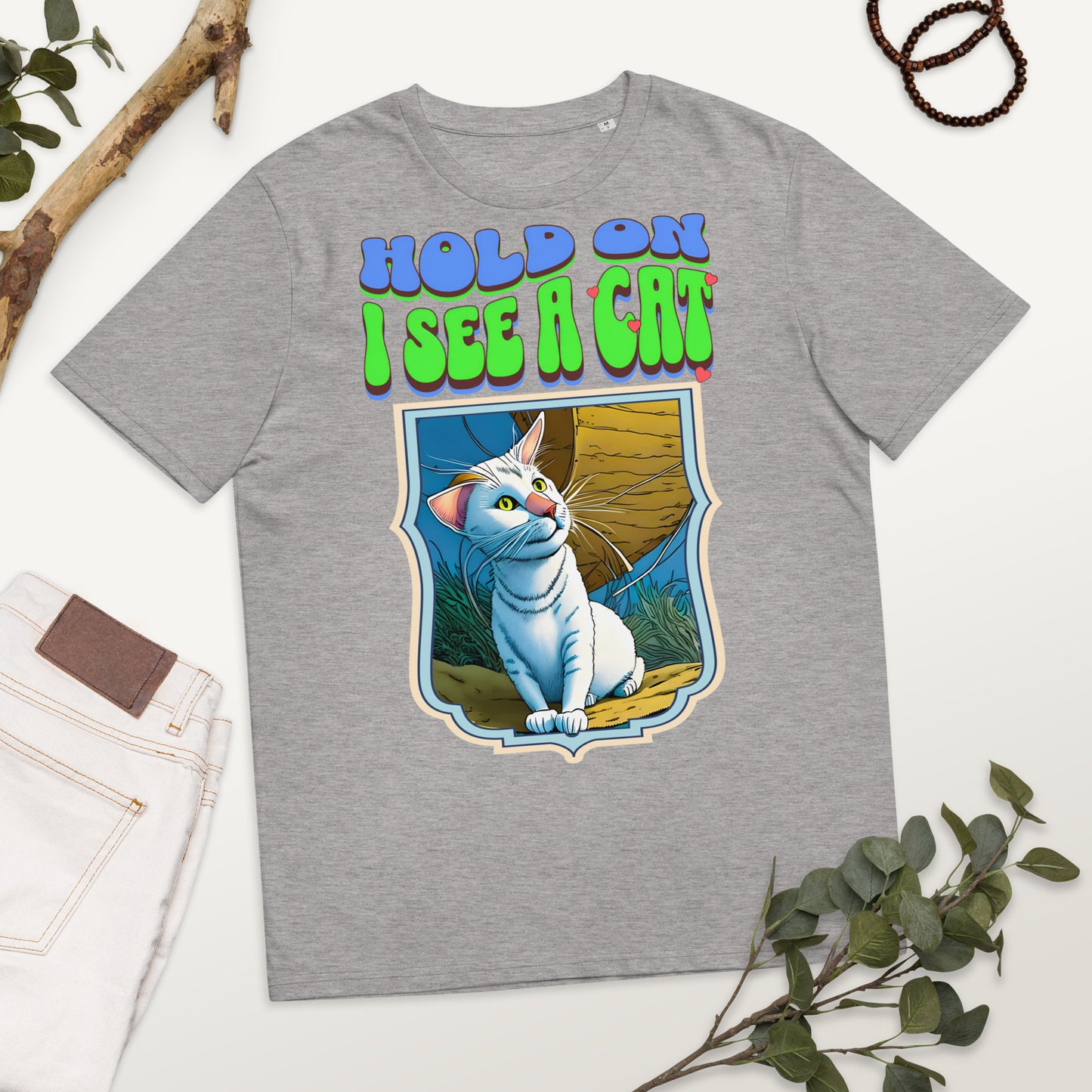 Cute Vintage Hold on I See a Cat Unisex organic cotton t-shirt