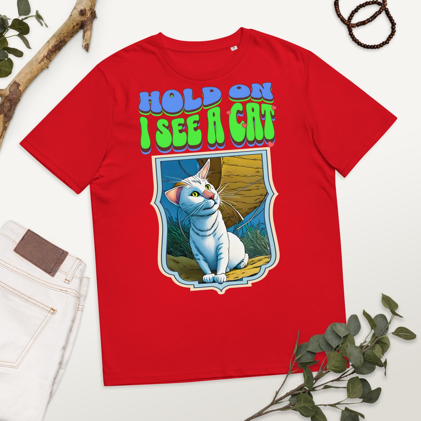 Cute Vintage Hold on I See a Cat Unisex organic cotton t-shirt