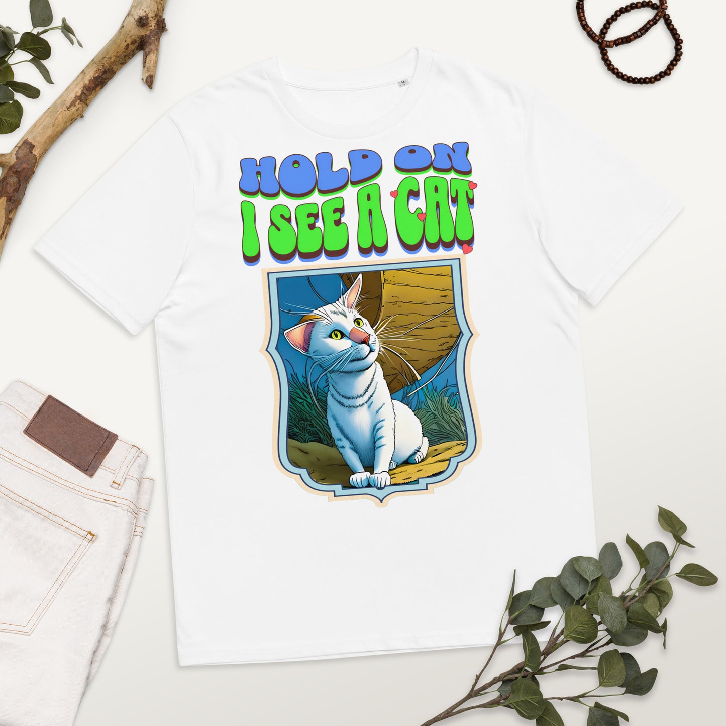 Cute Vintage Hold on I See a Cat Unisex organic cotton t-shirt