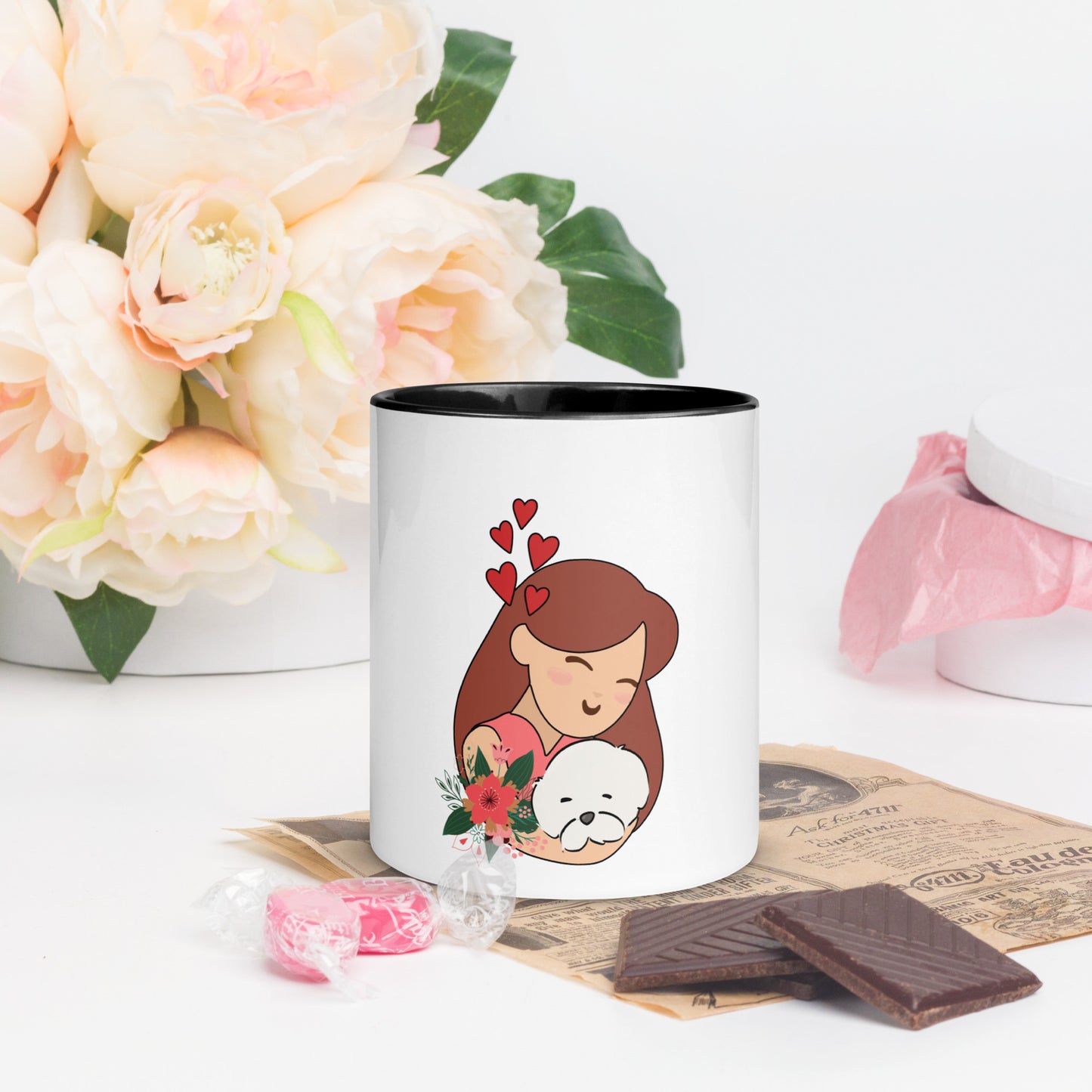 Cheeky Bichon Dog Mom Cuddling Puppy Mug with Color Inside