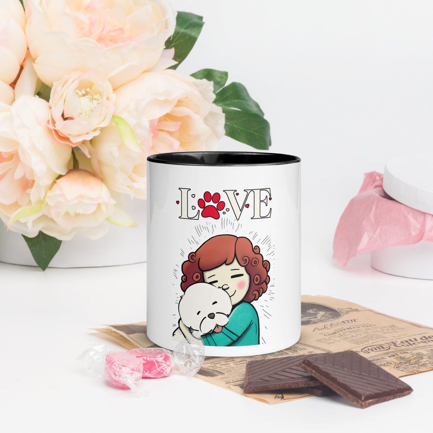Cheeky Bichon Cute Dog Mom Cuddling Puppy Mug with Color Inside