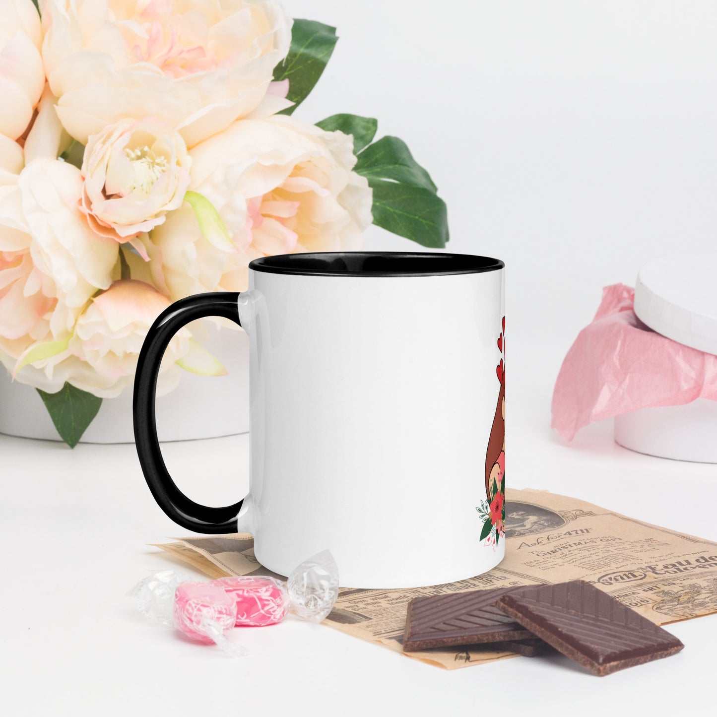 Cheeky Bichon Dog Mom Cuddling Puppy Mug with Color Inside