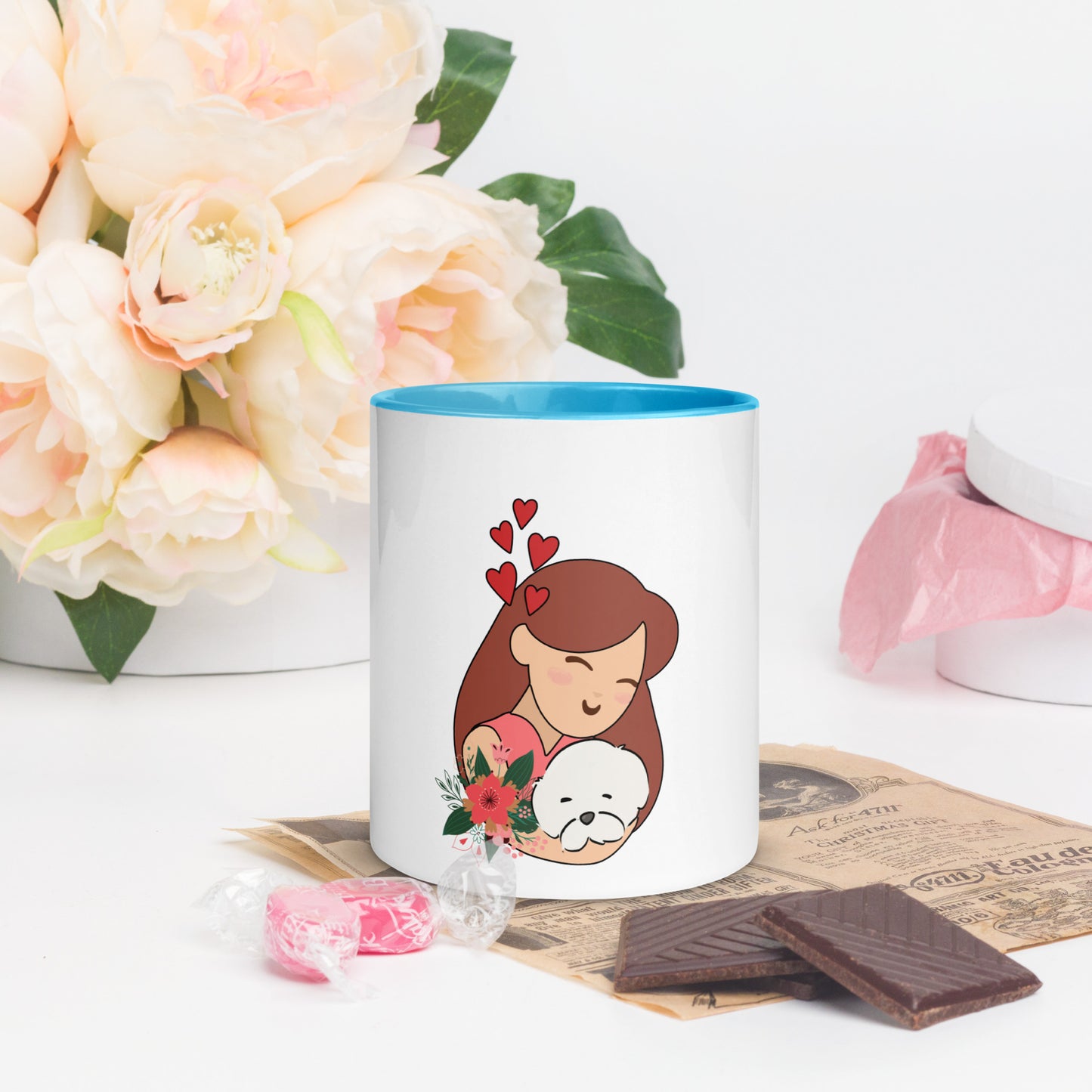 Cheeky Bichon Dog Mom Cuddling Puppy Mug with Color Inside