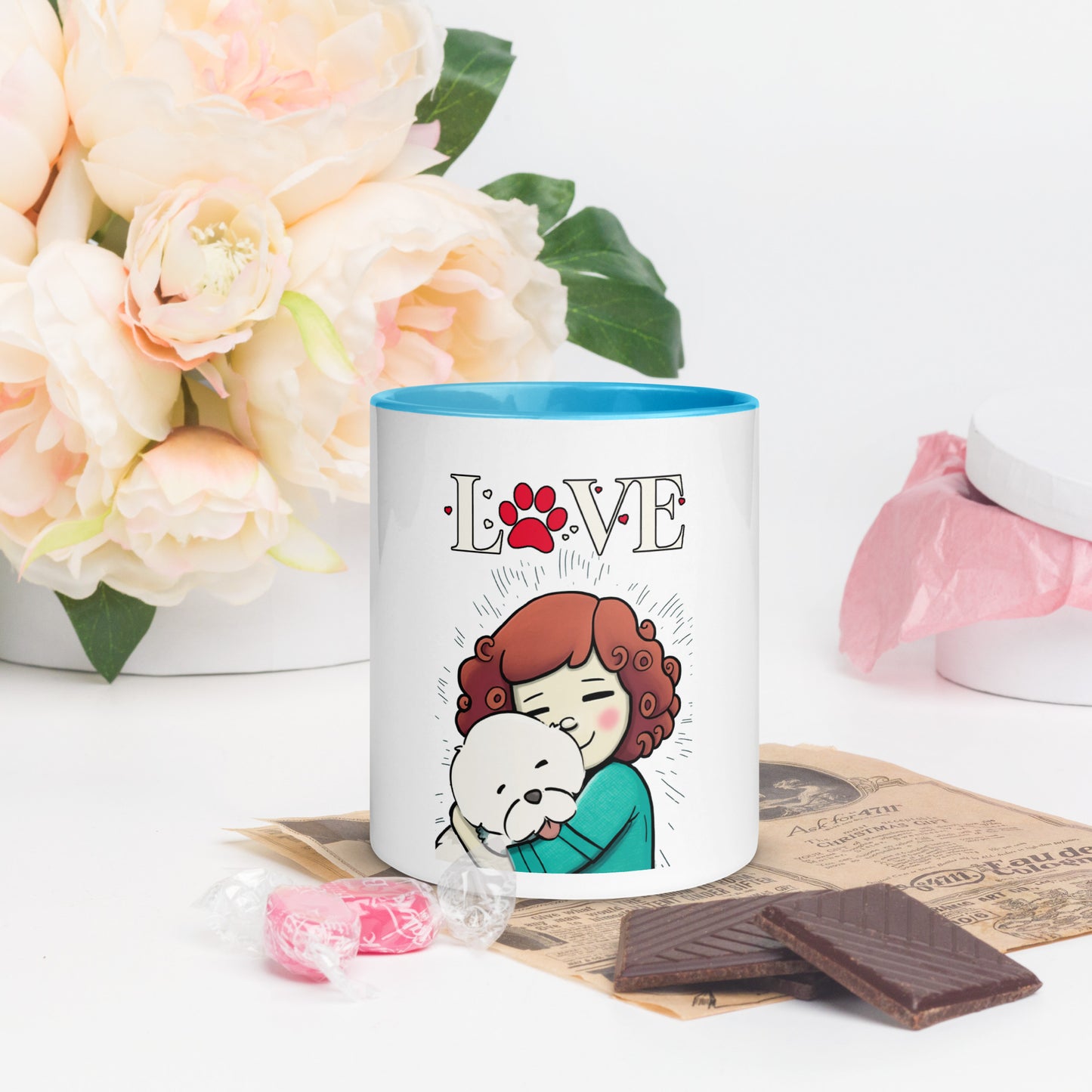 Cheeky Bichon Cute Dog Mom Cuddling Puppy Mug with Color Inside