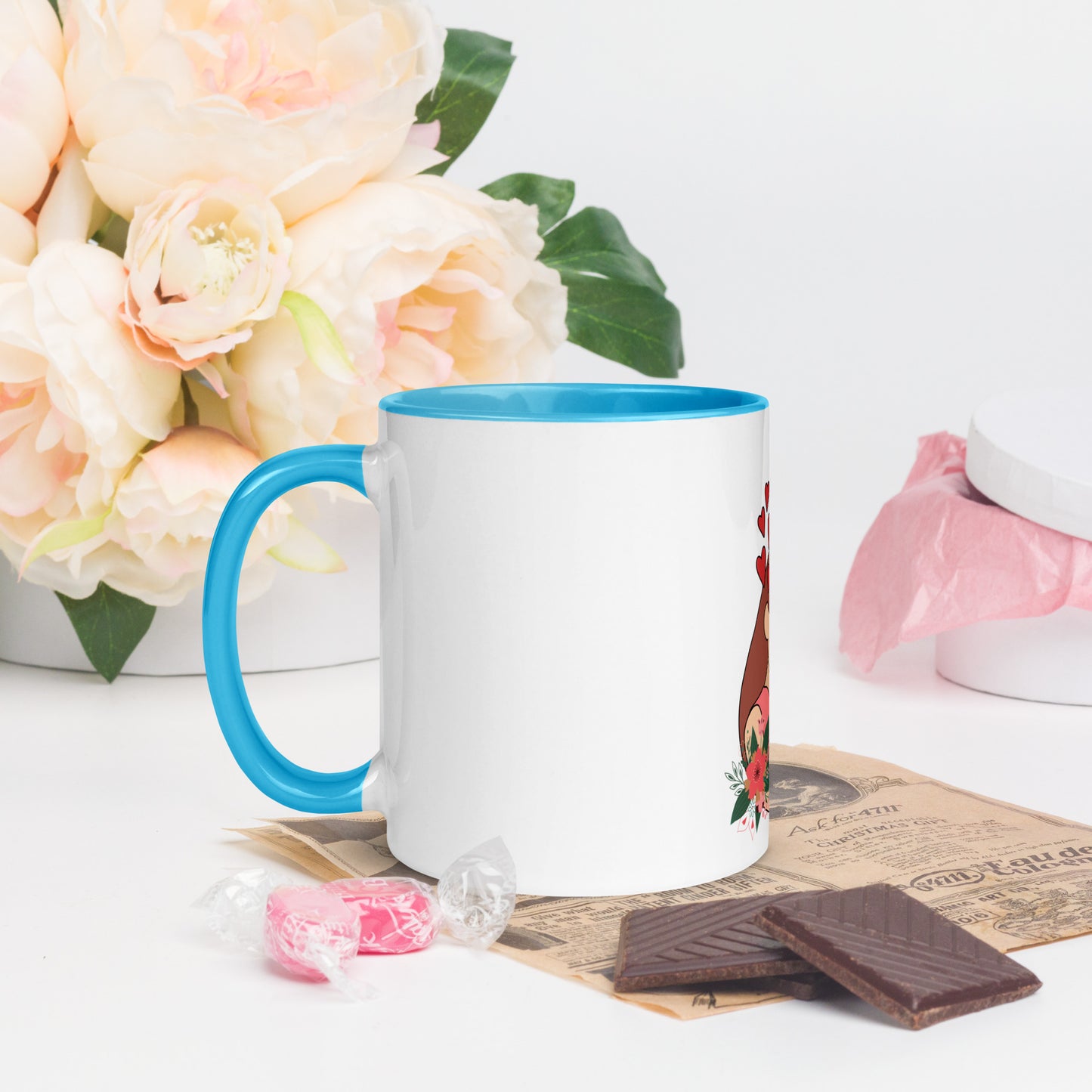 Cheeky Bichon Dog Mom Cuddling Puppy Mug with Color Inside