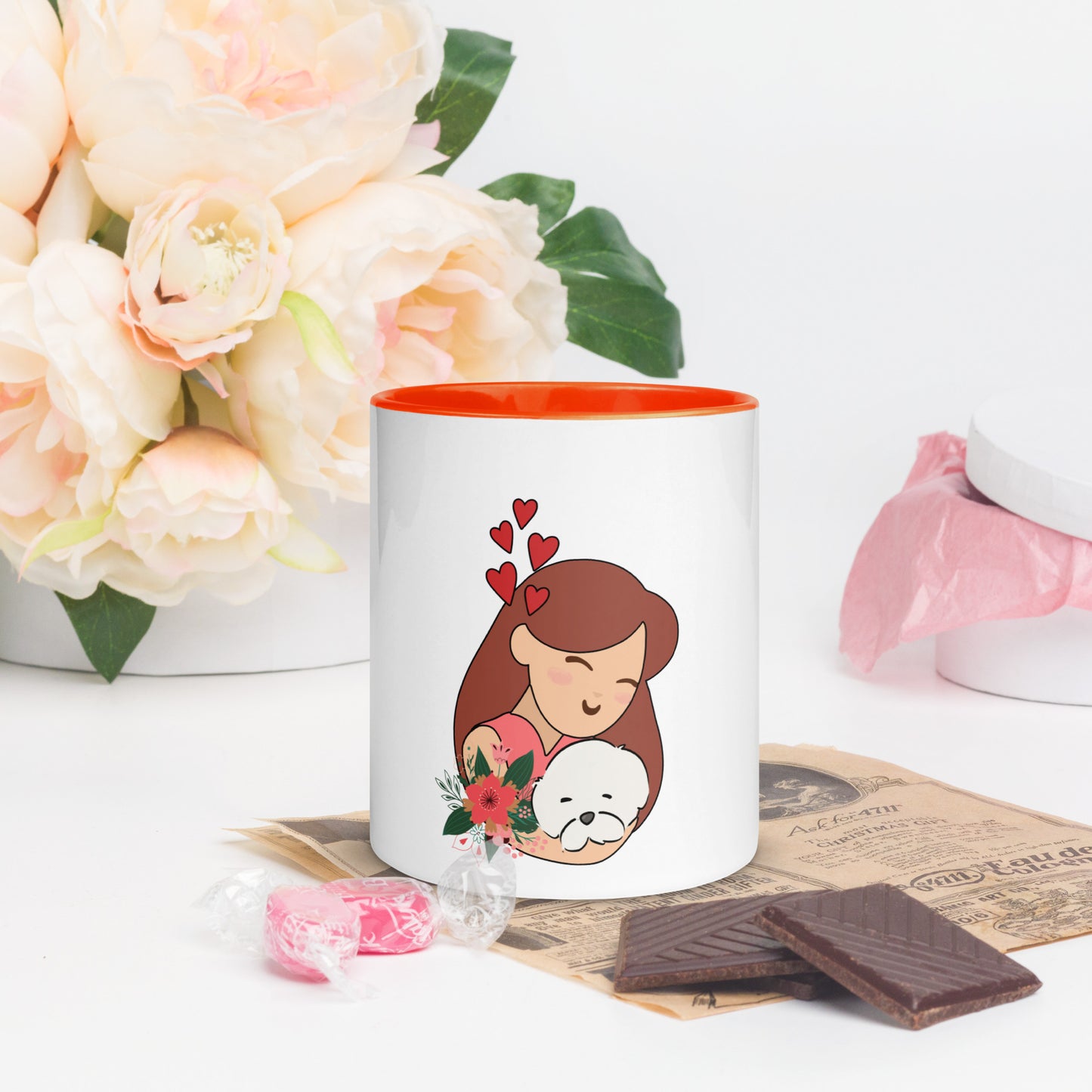 Cheeky Bichon Dog Mom Cuddling Puppy Mug with Color Inside