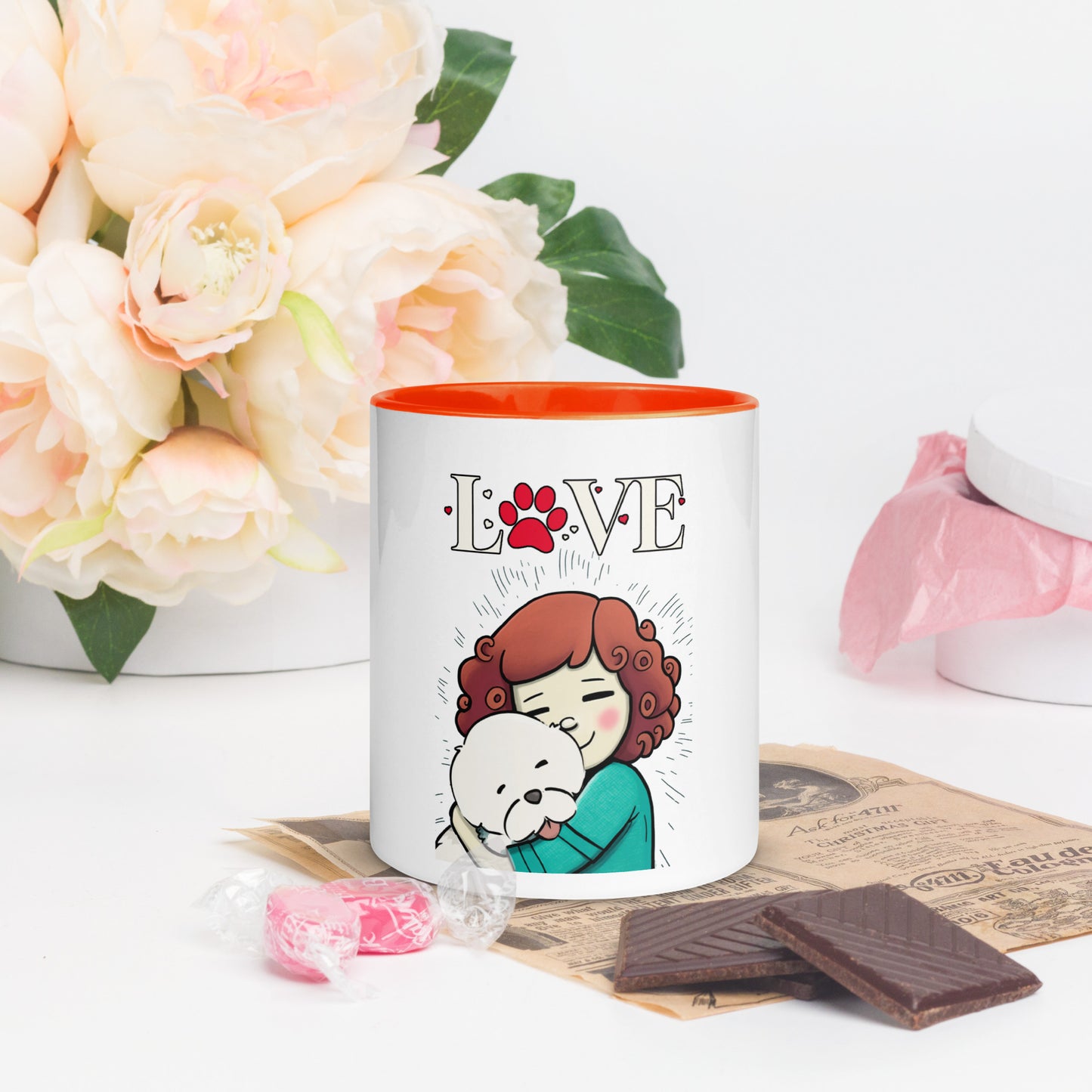 Cheeky Bichon Cute Dog Mom Cuddling Puppy Mug with Color Inside