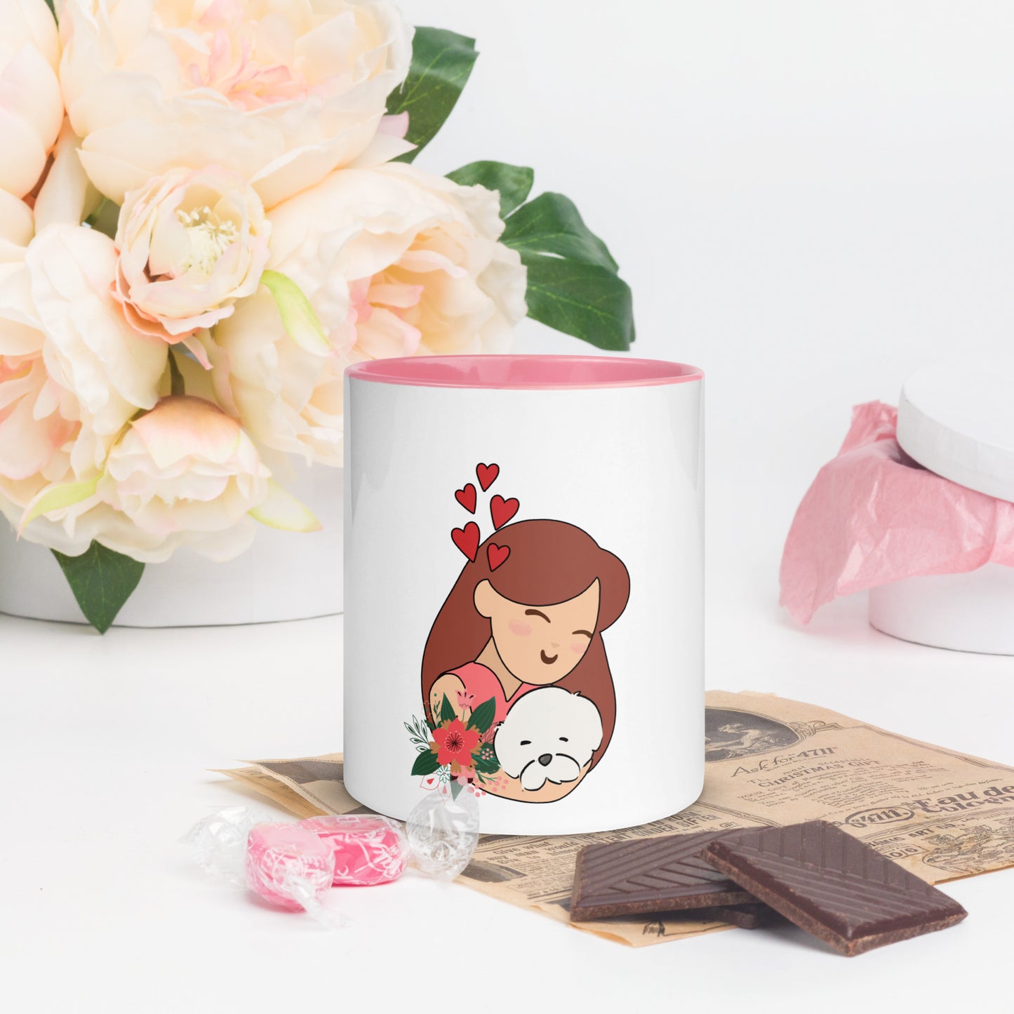 Cheeky Bichon Dog Mom Cuddling Puppy Mug with Color Inside