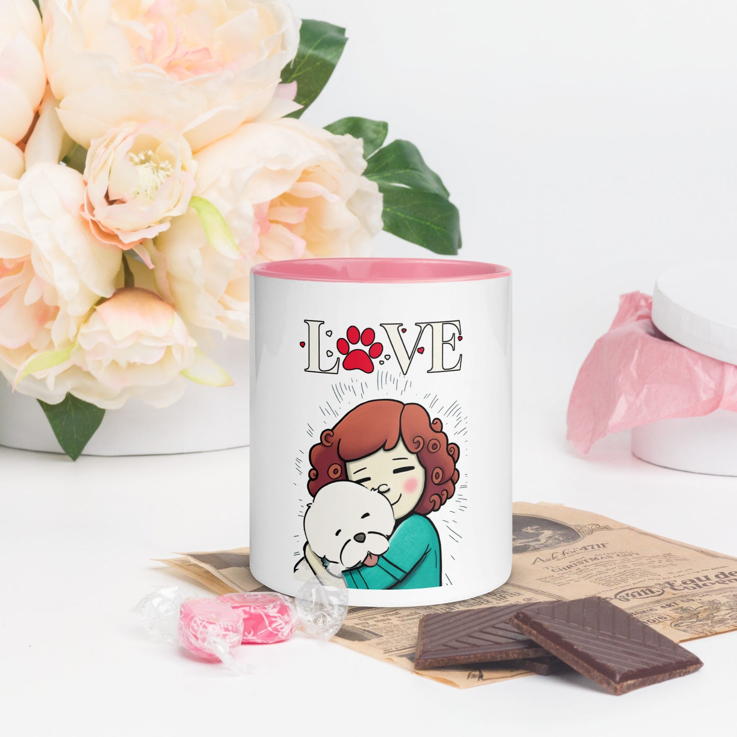 Cheeky Bichon Cute Dog Mom Cuddling Puppy Mug with Color Inside