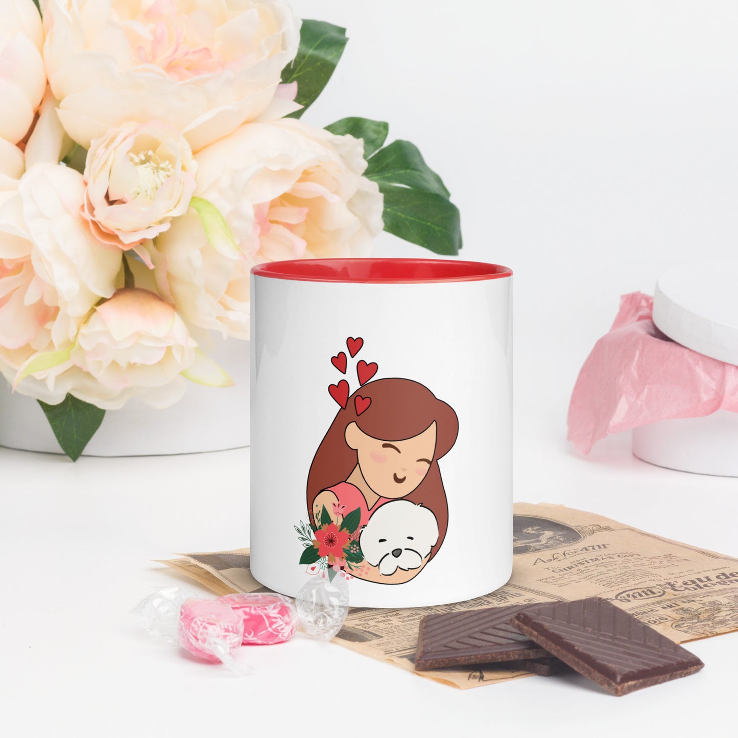 Cheeky Bichon Dog Mom Cuddling Puppy Mug with Color Inside