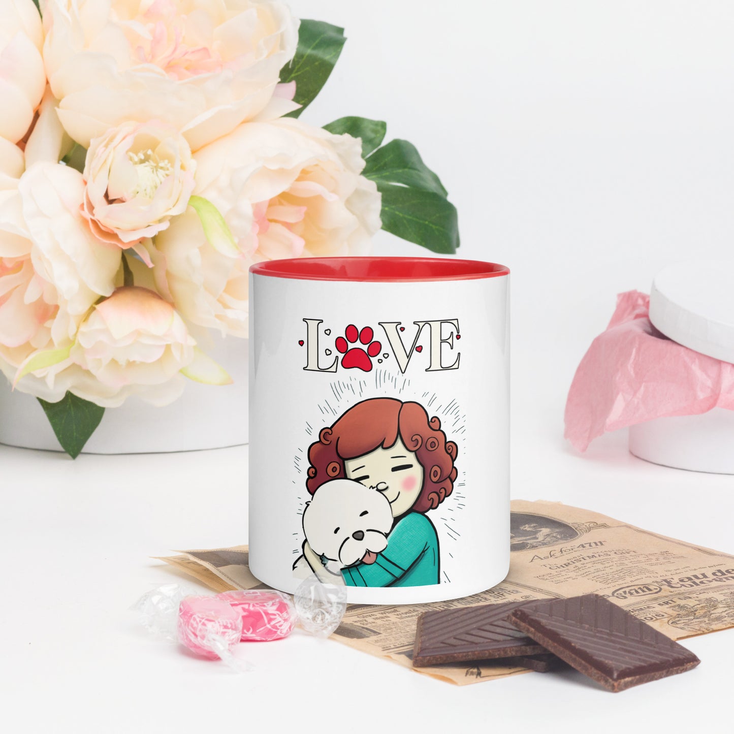 Cheeky Bichon Cute Dog Mom Cuddling Puppy Mug with Color Inside