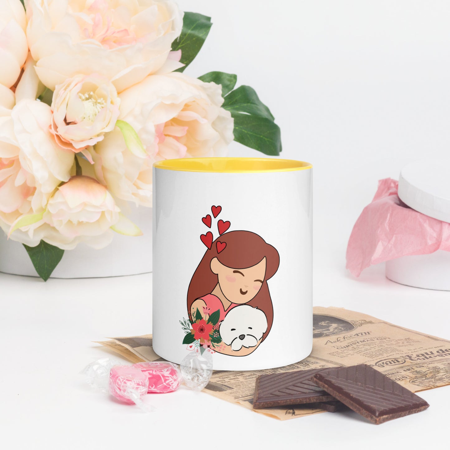 Cheeky Bichon Dog Mom Cuddling Puppy Mug with Color Inside