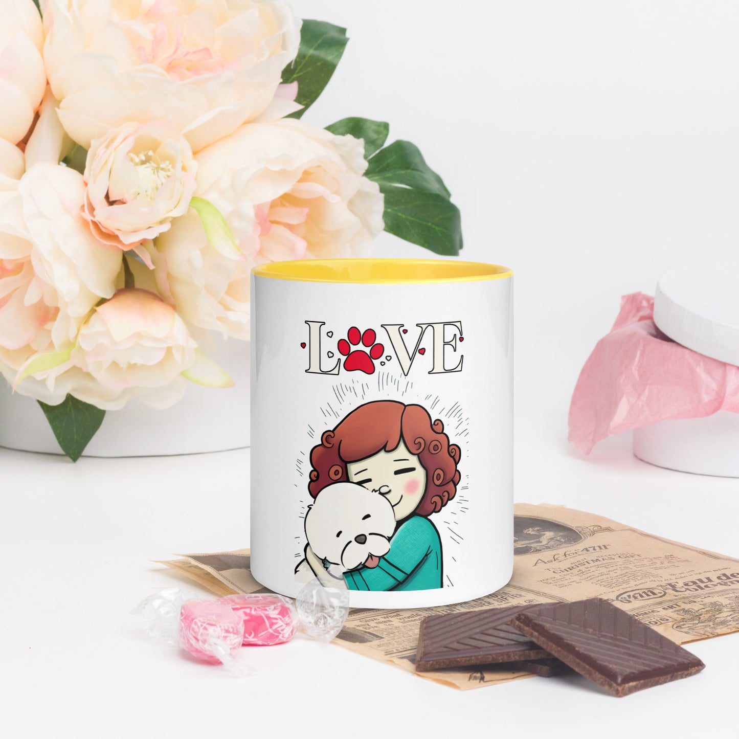 Cheeky Bichon Cute Dog Mom Cuddling Puppy Mug with Color Inside